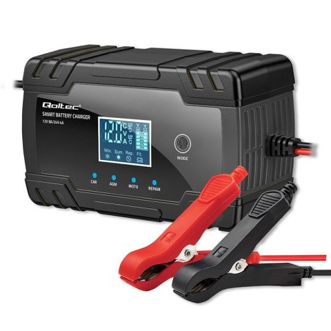 Ładowarka inteligentna Qoltec mikroprocesorowa 12V 8A | 24V 4A | Prostownik z funkcją naprawy do akumulatora AGM GEL | LCD Qoltec