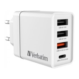 Ładowarka sieciowa Verbatim 1xUSB-C PD 20W 1xUSB-A QC 3.0 2xUSB-A 10W UE biała Verbatim