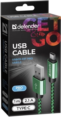 Kabel USB Defender AM-TYPE C 1m 2,1A zielono-czarny Defender