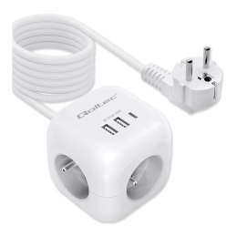 Kostka zasilająca Qoltec przedłużacz 6w1 z podświetlanym włącznikiem | 3x AC | 2x USB | 1x USB-C PD 20W | Biała | Kabel 2m Qoltec