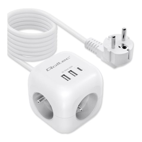 Kostka zasilająca Qoltec przedłużacz 6w1 z podświetlanym włącznikiem | 3x AC | 2x USB | 1x USB-C PD 20W | Biała | Kabel 2m Qoltec