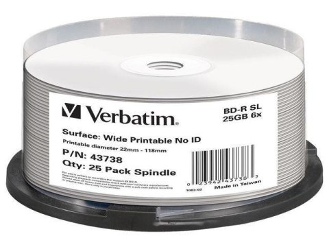Płyty BD-R Verbatim 25GB X6 DL+ printable NO ID (Cake 25) Verbatim Płyty BD-R Verbatim 25GB X6 DL+ printable NO ID (Cake 25) Verbatim