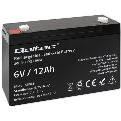 Akumulator AGM Qoltec 6V | 12Ah Qoltec Akumulator AGM Qoltec 6V | 12Ah Qoltec