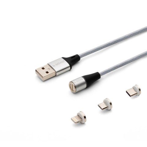 Kabel USB 2.0 SAVIO CL-156 USB - USB Typ C, Micro i Lightning, QC i PD 3.0, magnetyczny, 2m, srebrny Savio Kabel USB 2.0 SAVIO CL-156 USB - USB Typ C, Micro i Lightning, QC i PD 3.0, magnetyczny, 2m, srebrny Savio