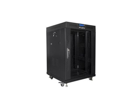 Szafa instalacyjna Rack stojąca 19" 15U 600x600 czarna drzwi szklane LCD Lanberg (flat pack) LANBERG