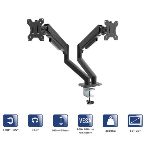 Uchwyt biurkowy na dwa monitory Akyga AK-MB-06 regulowane ramiona gazowe VESA 75x75mm / 100x100mm 15-32" AKYGA Uchwyt biurkowy na dwa monitory Akyga AK-MB-06 regulowane ramiona gazowe VESA 75x75mm / 100x100mm 15-32" AKYGA