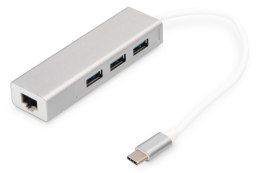 HUB/Koncentrator DIGITUS 3-portowy USB Typ C, USB A HighSpeed z Gigabit LAN aluminium Digitus
