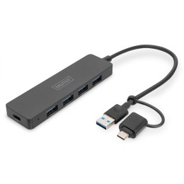 Hub USB 3.0/Koncentrator DIGITUS 4-portowy SlimLine USB A + adapter USB-C 0,2m 5Gbps złącze zasilania USB-C Digitus