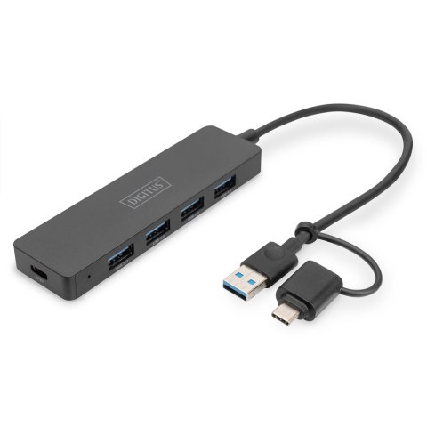 Hub USB 3.0/Koncentrator DIGITUS 4-portowy SlimLine USB A + adapter USB-C 0,2m 5Gbps złącze zasilania USB-C Digitus Hub USB 3.0/Koncentrator DIGITUS 4-portowy SlimLine USB A + adapter USB-C 0,2m 5Gbps złącze zasilania USB-C Digitus