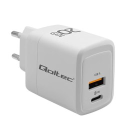 Ładowarka sieciowa Qoltec 20W GaN | 5-20V | 1.5-3A | 1xUSB-C PD | 1xUSB QC 3.0 | Biała Qoltec